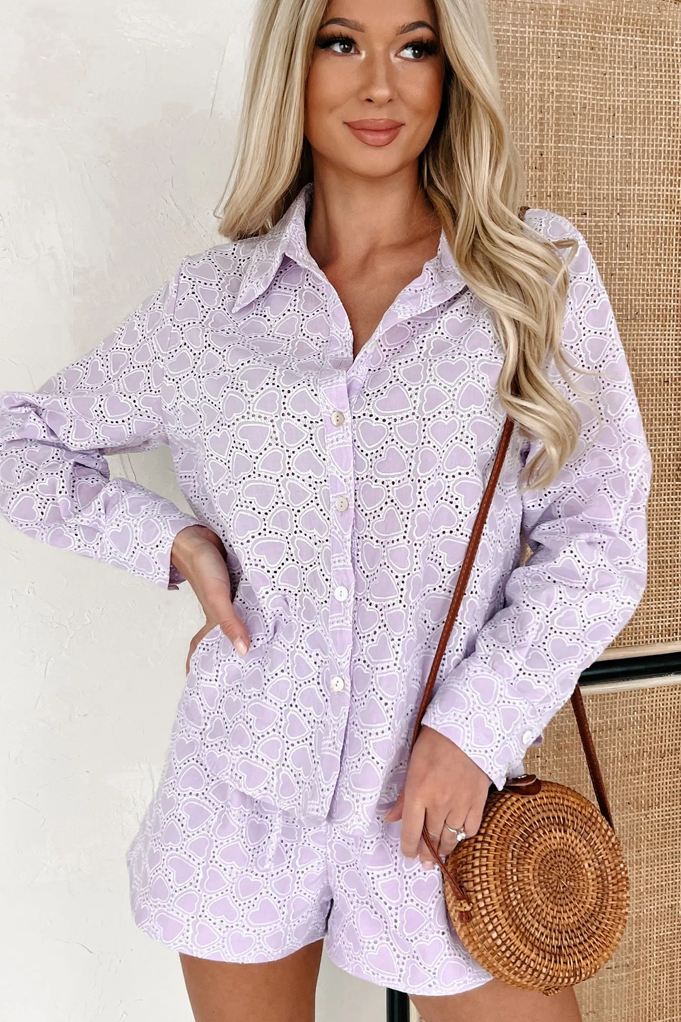 Seeing Love Blossom Heart Eyelet Blouse & Shorts Set (Lavender)