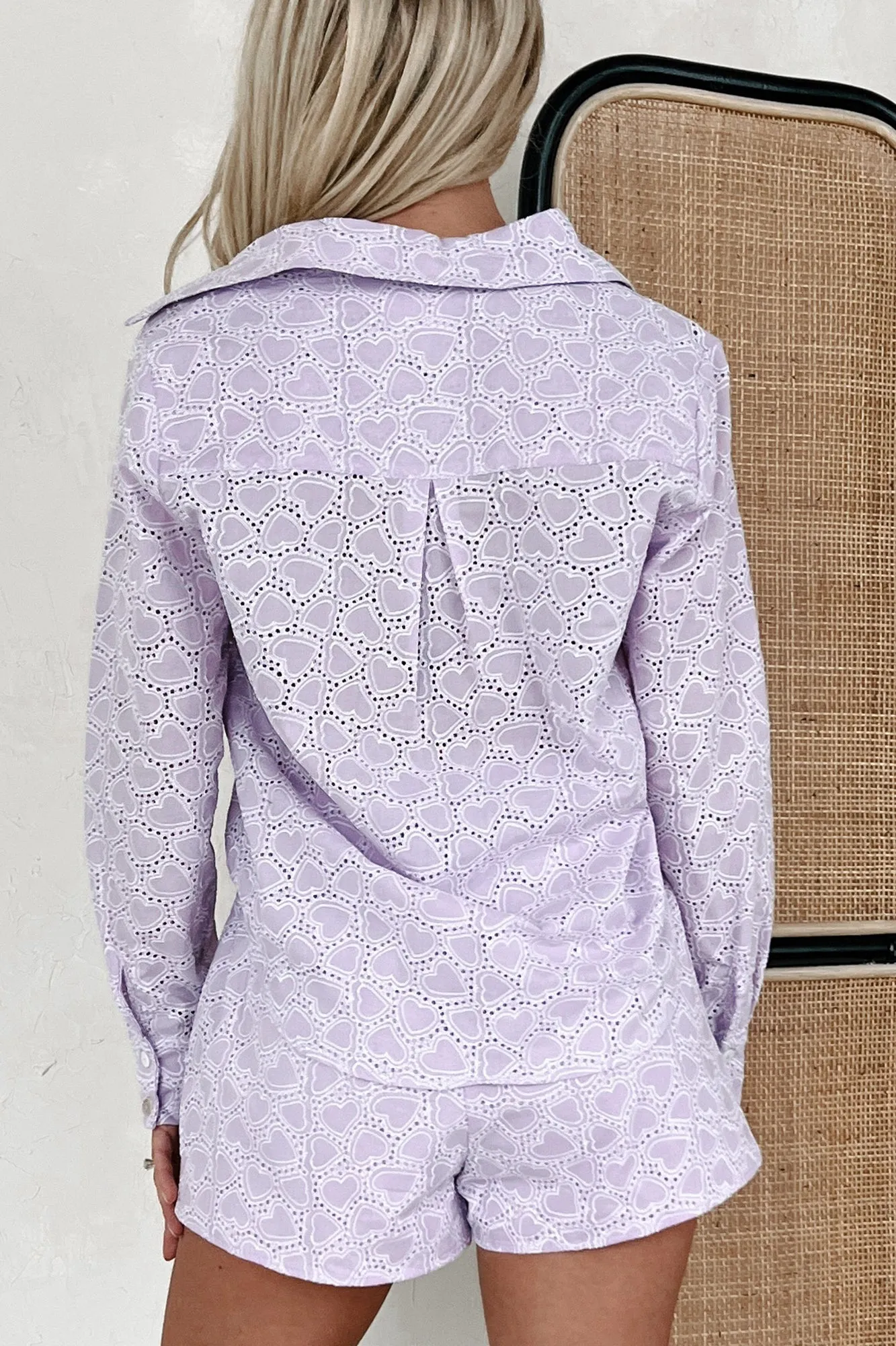 Seeing Love Blossom Heart Eyelet Blouse & Shorts Set (Lavender)