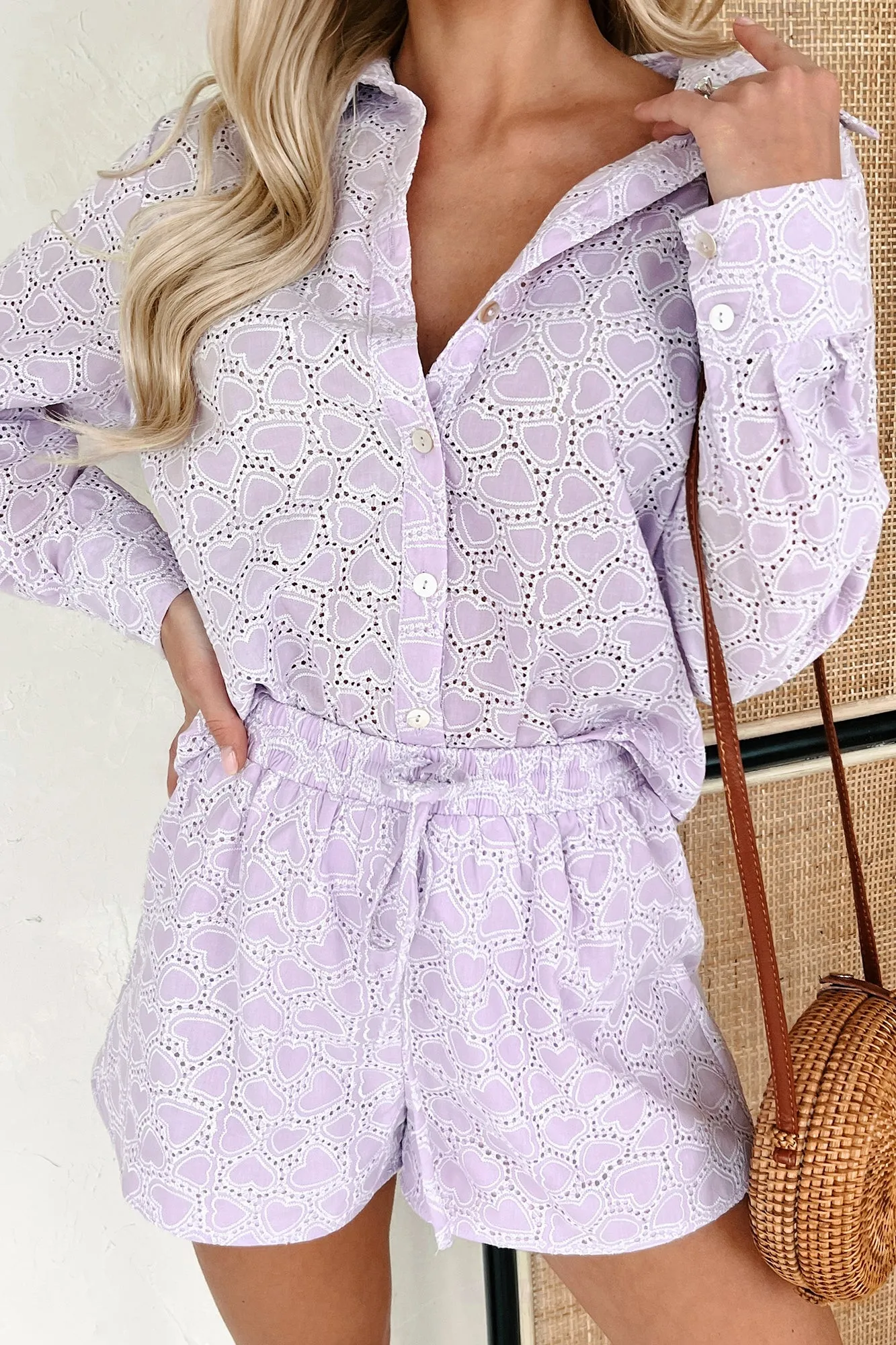 Seeing Love Blossom Heart Eyelet Blouse & Shorts Set (Lavender)
