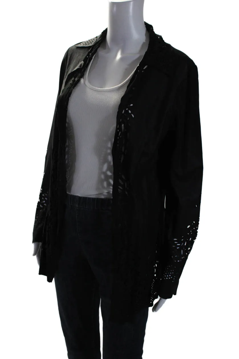 Sharis Place Womens Black Suede Leather Cut Out Long Sleeve Jacket