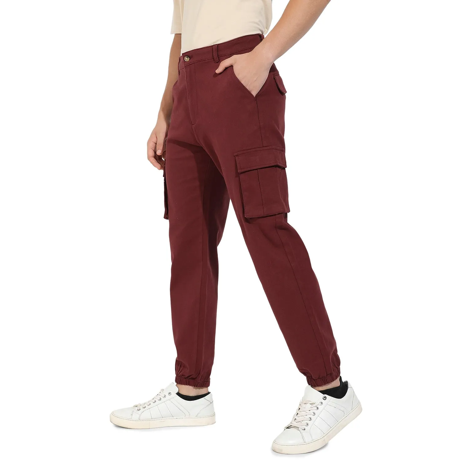 Solid Cuffed Hem Cargo Trousers