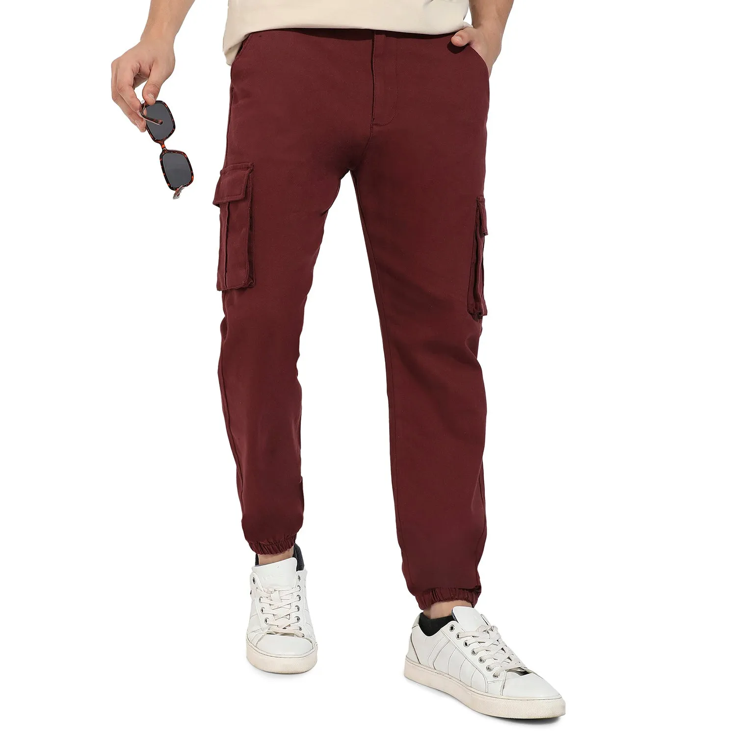 Solid Cuffed Hem Cargo Trousers