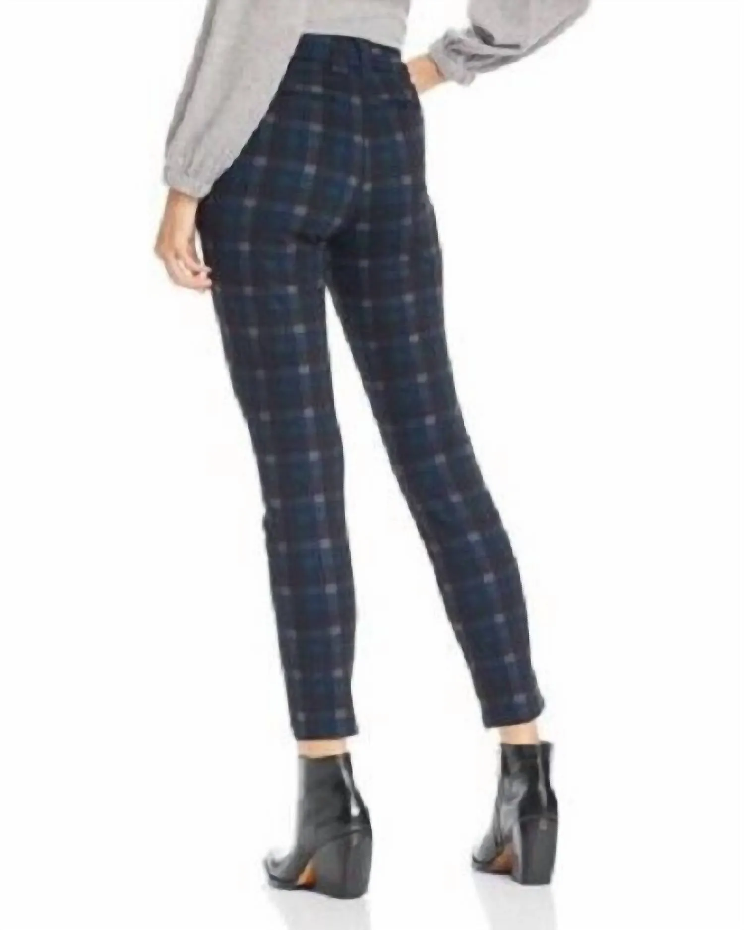 Stretch High Rise Slim Pants In Green Navy Plaid