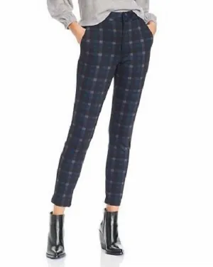 Stretch High Rise Slim Pants In Green Navy Plaid