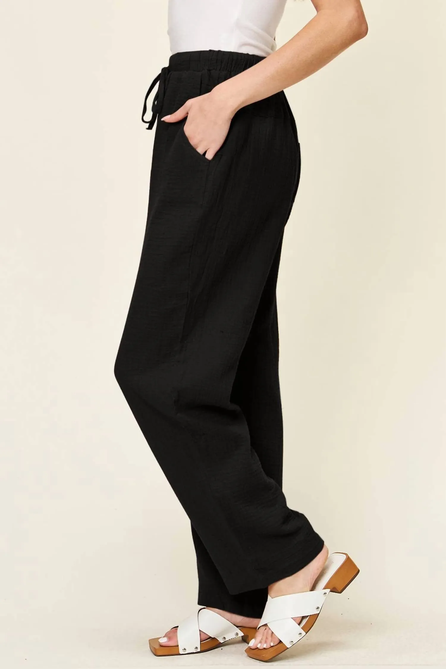 Texture Drawstring Straight Pants In Black