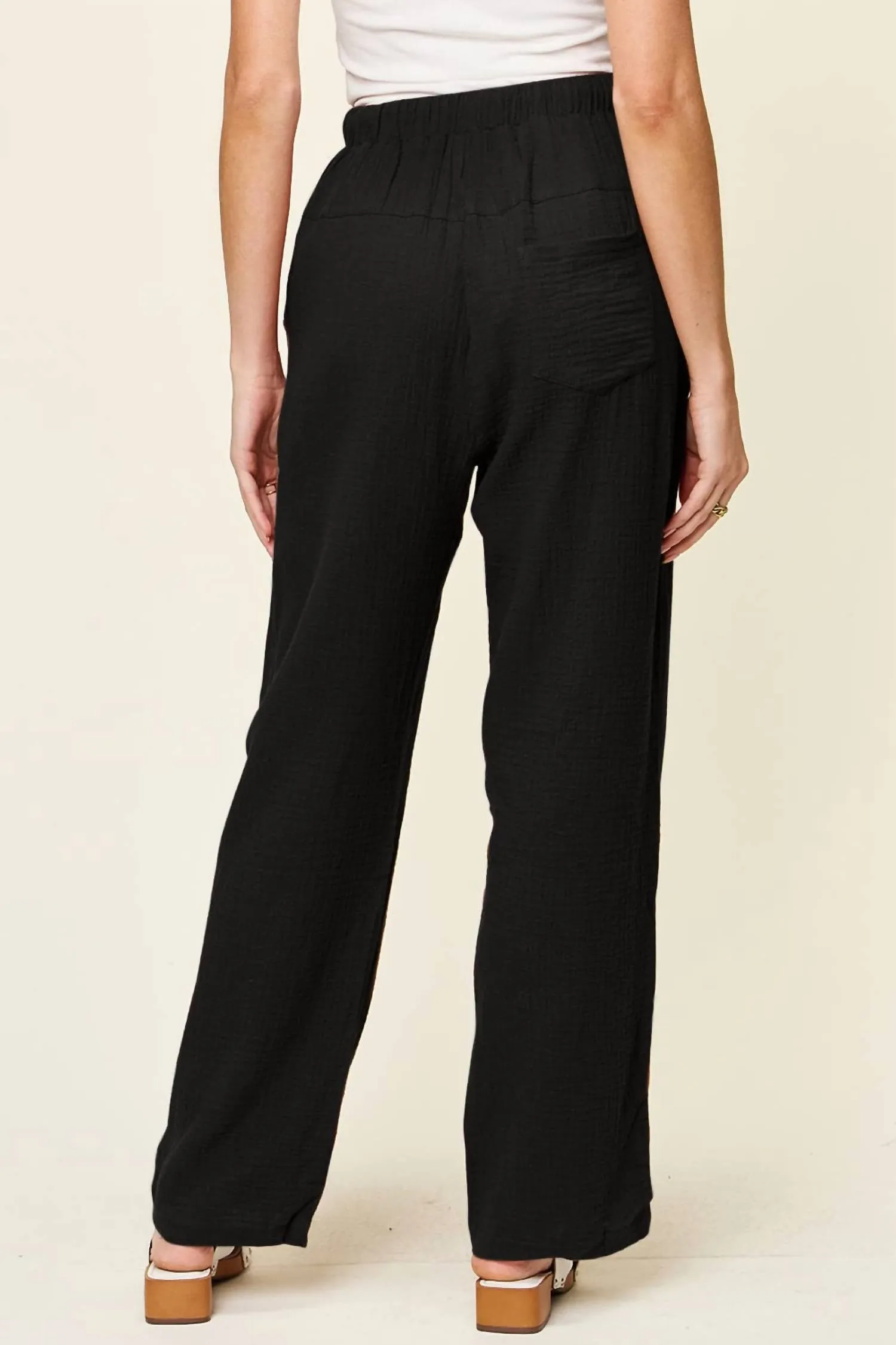 Texture Drawstring Straight Pants In Black