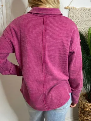 Textured Collared V-Neck Sweater In Magenta