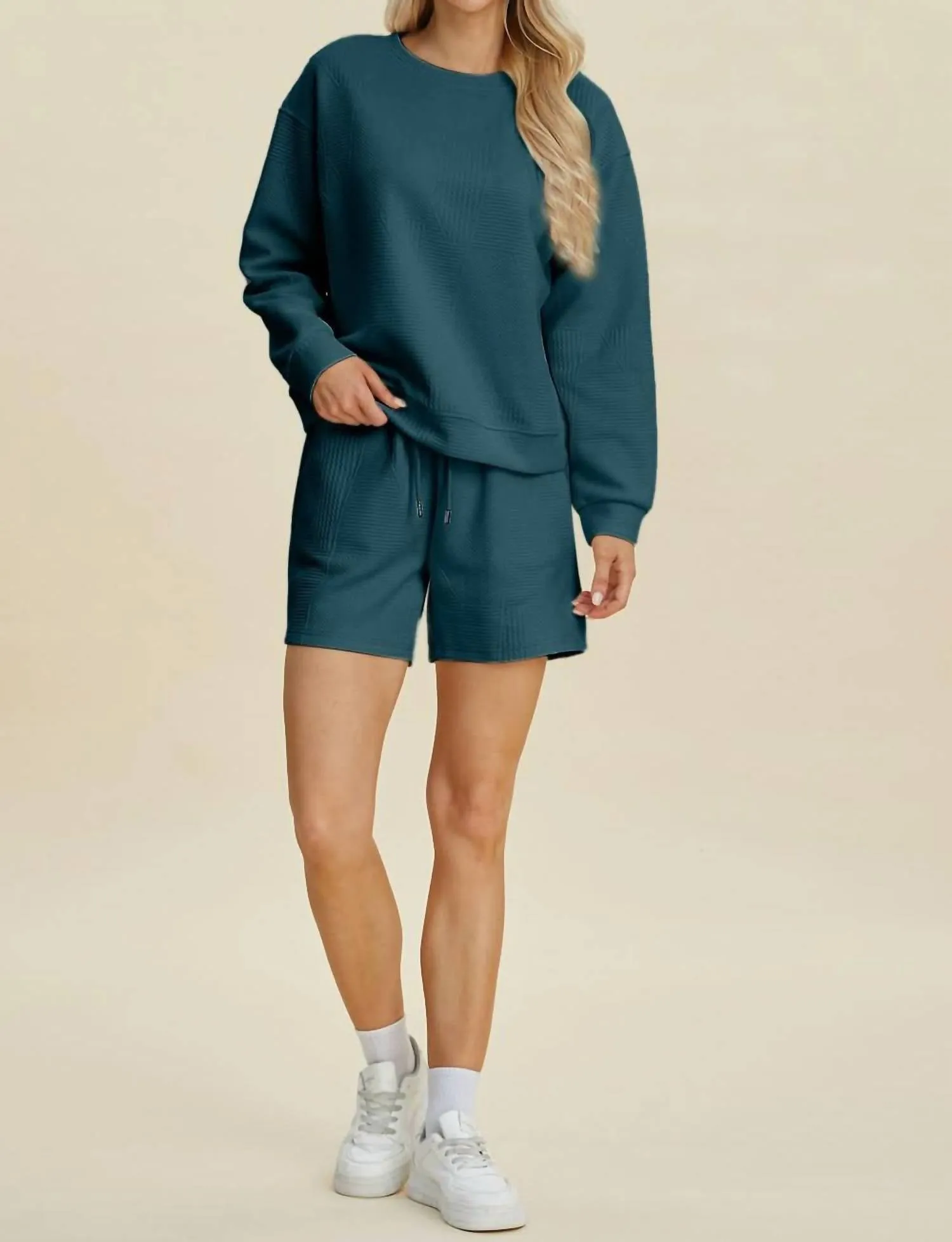 Textured Top And Shorts Set In Peacock  Blue