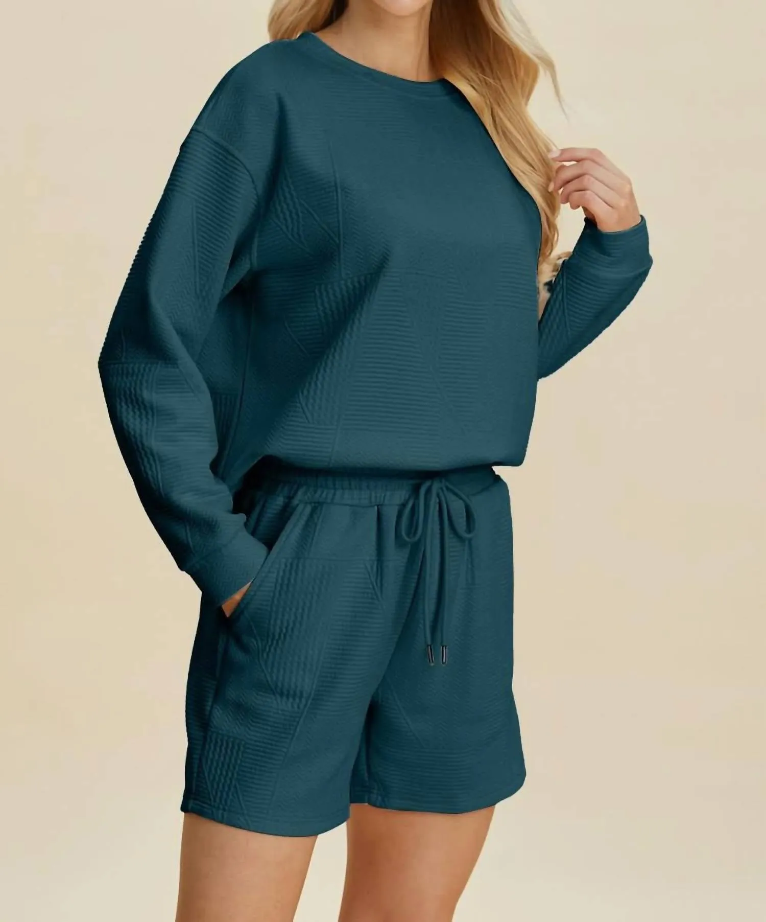 Textured Top And Shorts Set In Peacock  Blue