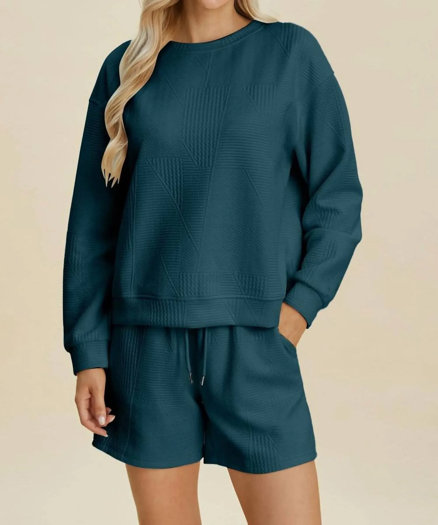 Textured Top And Shorts Set In Peacock  Blue