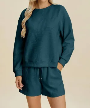 Textured Top And Shorts Set In Peacock  Blue