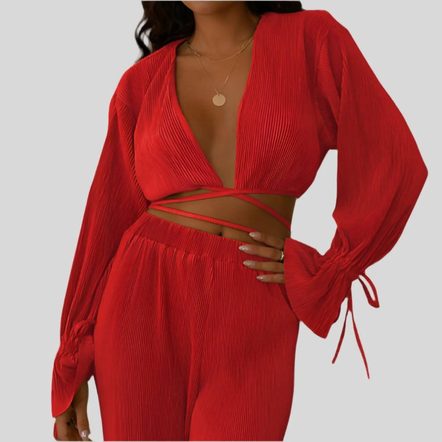 Zyrenne Plisse Pants Set In Red